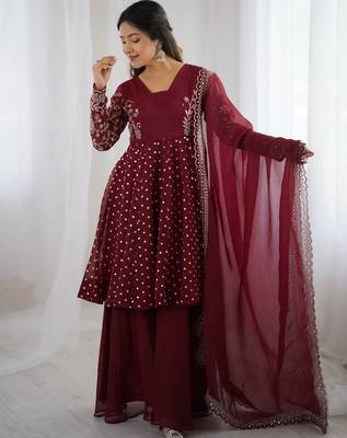 Maroon festive wear designer crunchy silk embroidery sequence work readymade suit 1