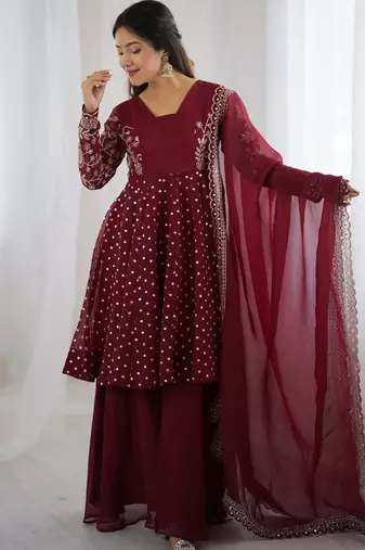 Maroon festive wear designer crunchy silk embroidery sequence work readymade suit
