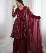 Maroon festive wear designer crunchy silk embroidery sequence work readymade suit