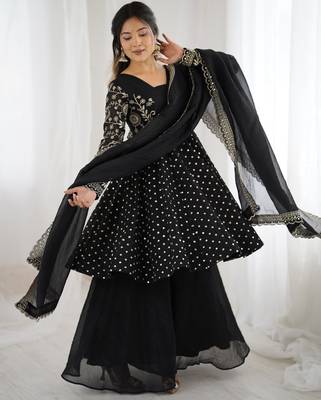 Black festive wear designer crunchy silk embroidery sequence work readymade suit 1
