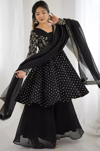 Black festive wear designer crunchy silk embroidery sequence work readymade suit