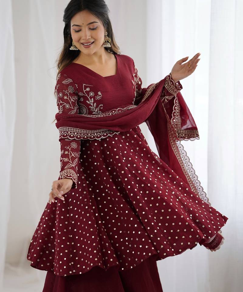 Maroon festive wear designer crunchy silk embroidery sequence work readymade suit