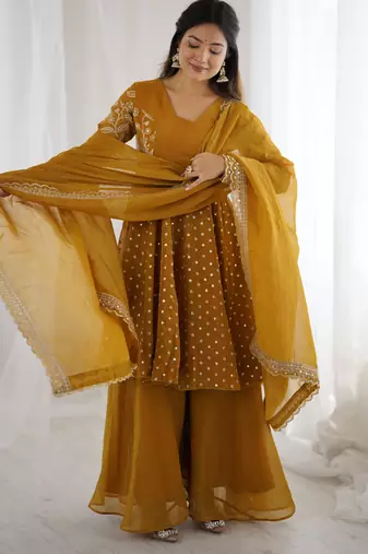 Yellow festive wear designer crunchy silk embroidery sequence work readymade suit