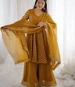Yellow festive wear designer crunchy silk embroidery sequence work readymade suit