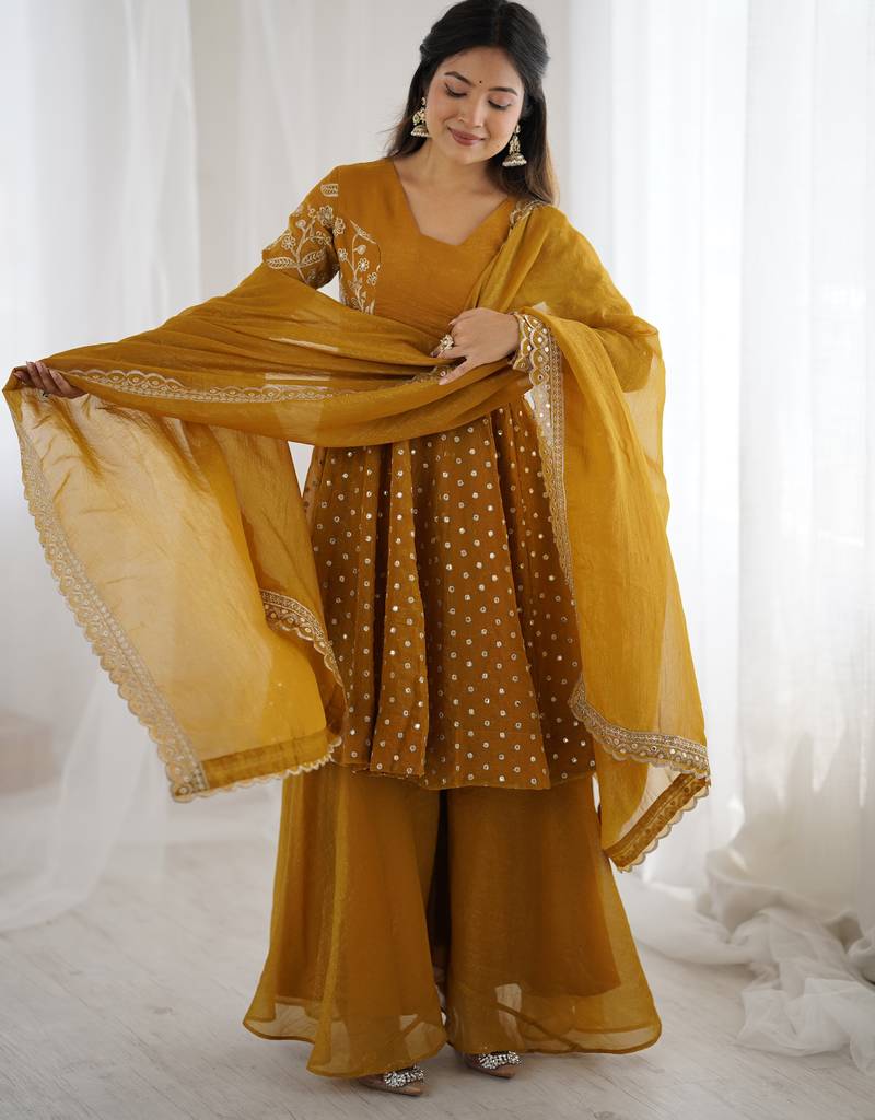Yellow festive wear designer crunchy silk embroidery sequence work readymade suit