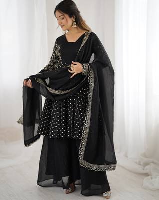Black festive wear designer crunchy silk embroidery sequence work readymade suit 2