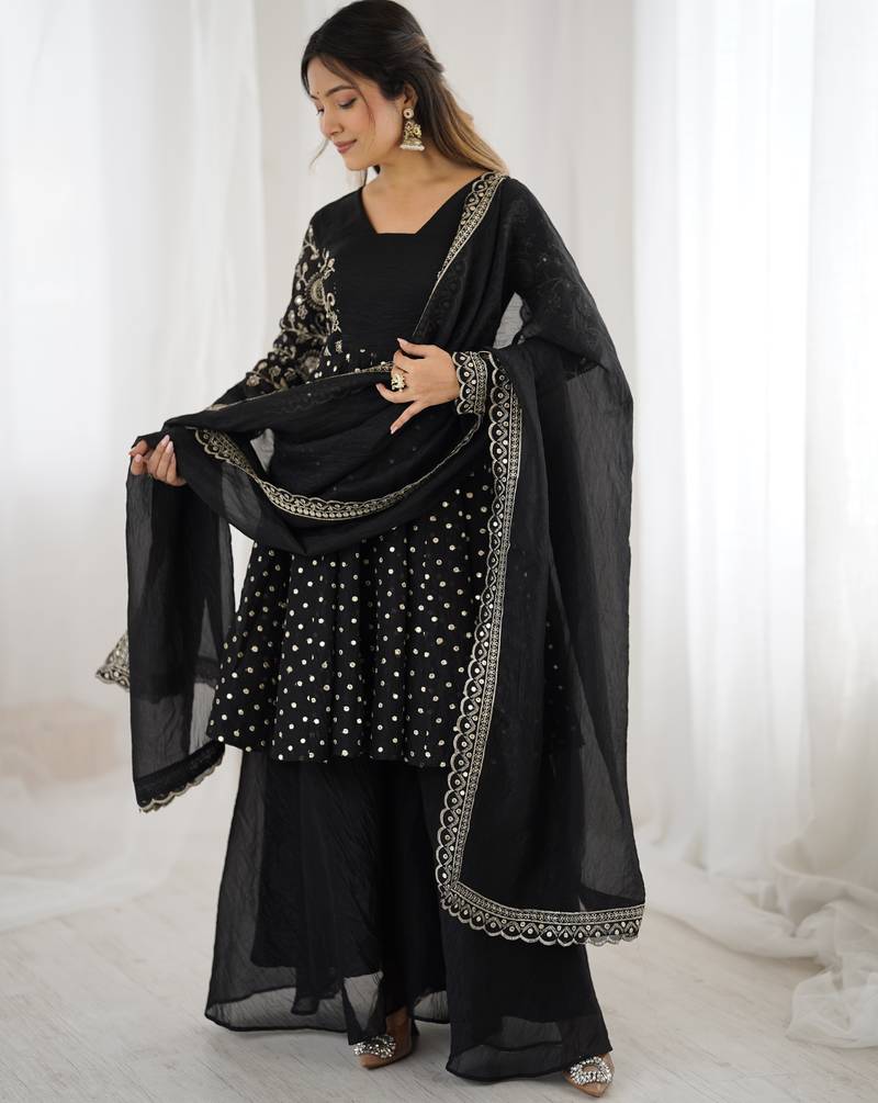 Black festive wear designer crunchy silk embroidery sequence work readymade suit
