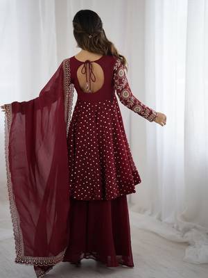 Maroon festive wear designer crunchy silk embroidery sequence work readymade suit 3
