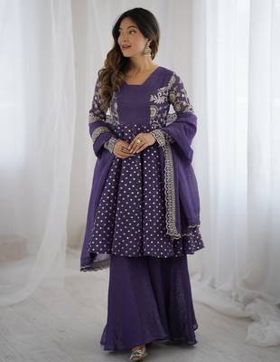 Purple festive wear designer crunchy silk embroidery sequence work readymade suit 1