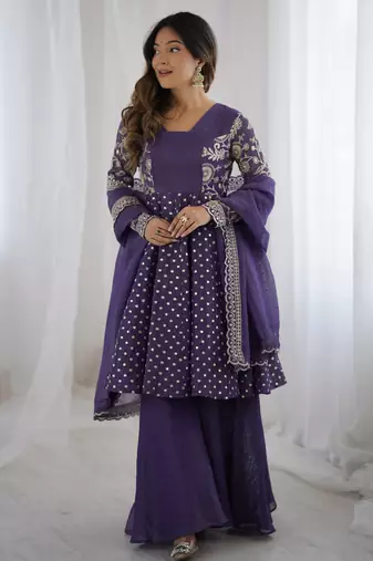 Purple festive wear designer crunchy silk embroidery sequence work readymade suit