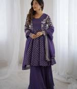 Purple festive wear designer crunchy silk embroidery sequence work readymade suit