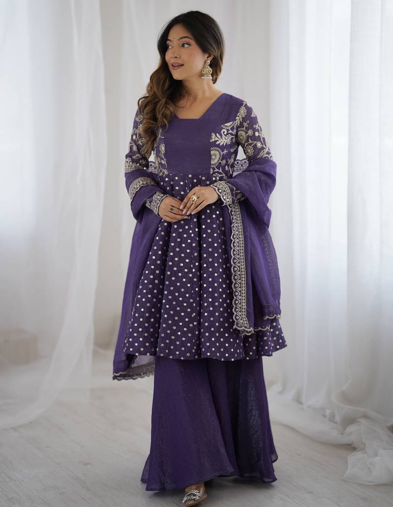 Purple festive wear designer crunchy silk embroidery sequence work readymade suit