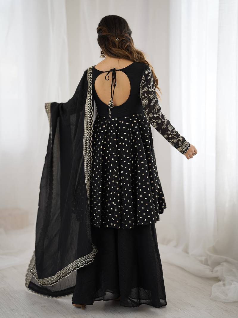 Black festive wear designer crunchy silk embroidery sequence work readymade suit