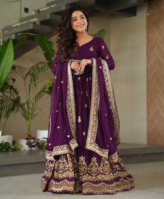 Purple festive wear designer faux blooming georgette zari & sequins embroidered work readymade suit 1