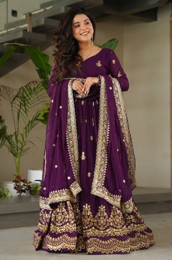 Purple festive wear designer faux blooming georgette zari & sequins embroidered work readymade suit