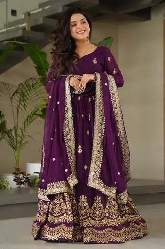 Purple festive wear designer faux blooming georgette zari & sequins embroidered work readymade suit