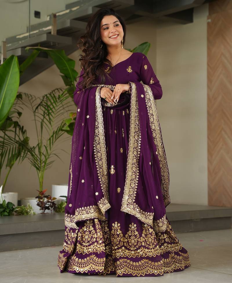 Purple festive wear designer faux blooming georgette zari & sequins embroidered work readymade suit