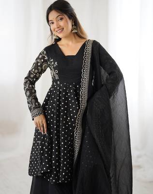 Black festive wear designer crunchy silk embroidery sequence work readymade suit 4