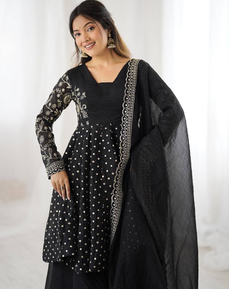 Black festive wear designer crunchy silk embroidery sequence work readymade suit