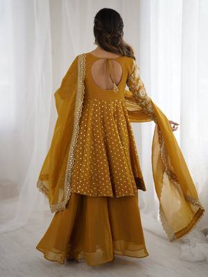 Yellow festive wear designer crunchy silk embroidery sequence work readymade suit 2