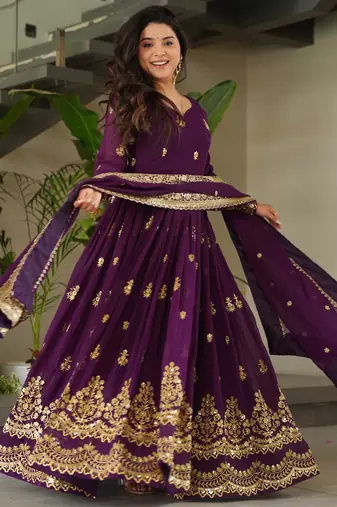 Purple festive wear designer faux blooming georgette zari & sequins embroidered work readymade suit