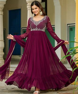 Wine festive wear designer faux blooming georgette embroidery work readymade suit 1