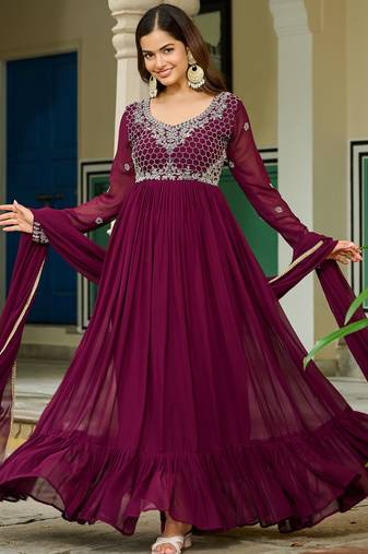 Wine festive wear designer faux blooming georgette embroidery work readymade suit