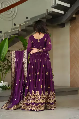 Purple festive wear designer faux blooming georgette zari & sequins embroidered work readymade suit
