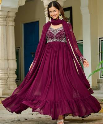 Wine festive wear designer faux blooming georgette embroidery work readymade suit 2