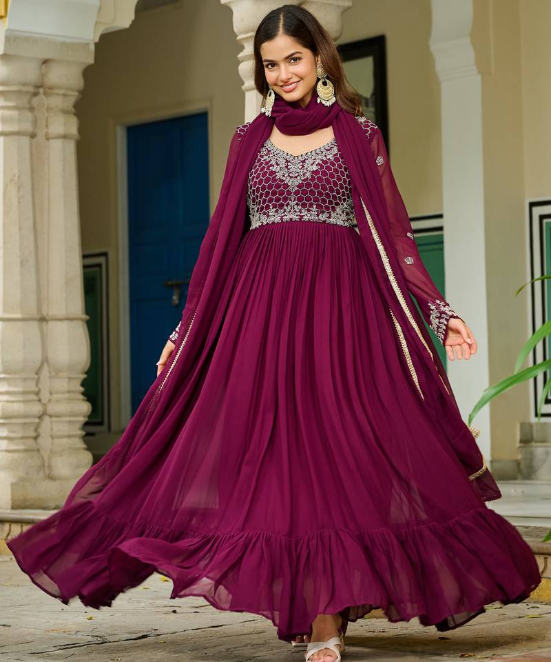 Wine festive wear designer faux blooming georgette embroidery work readymade suit