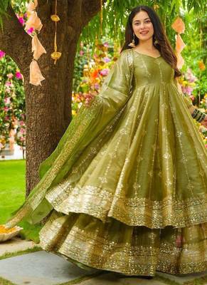Green festive wear designer heavy crunchy silk heavy embroidery sequence work readymade suit 1