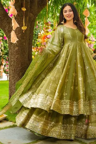 Green festive wear designer heavy crunchy silk heavy embroidery sequence work readymade suit