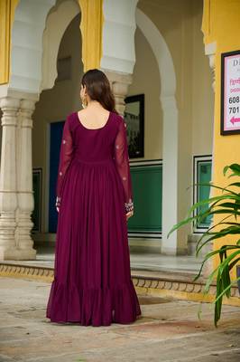 Wine festive wear designer faux blooming georgette embroidery work readymade suit 3