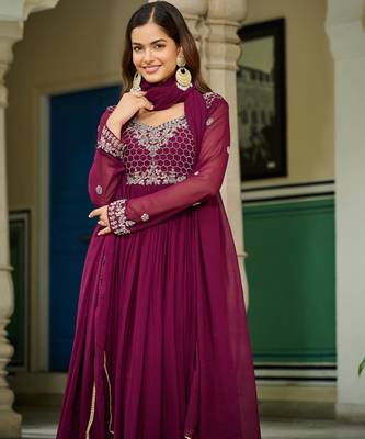 Wine festive wear designer faux blooming georgette embroidery work readymade suit 4