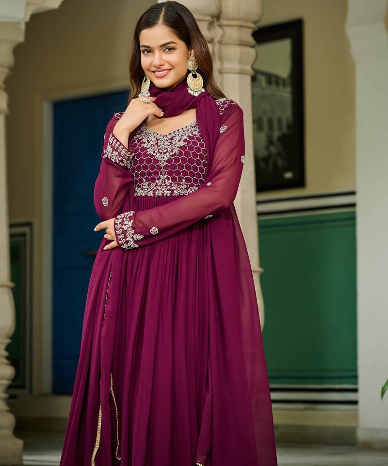 Wine festive wear designer faux blooming georgette embroidery work readymade suit
