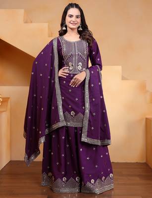 Purple festive wear designer natural crepe sequence embroidery work readymade suit 1