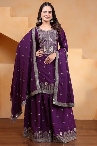 Purple festive wear designer natural crepe sequence embroidery work readymade suit