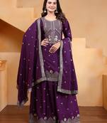 Purple festive wear designer natural crepe sequence embroidery work readymade suit