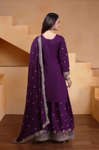 Purple festive wear designer natural crepe sequence embroidery work readymade suit