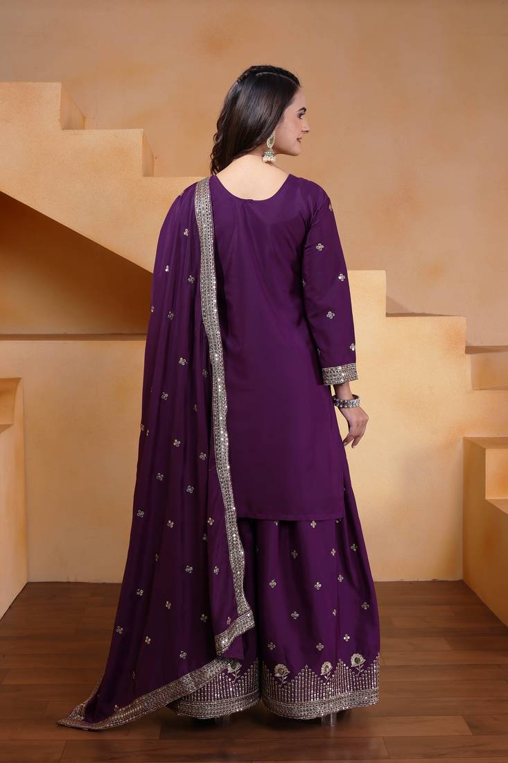 Purple festive wear designer natural crepe sequence embroidery work readymade suit