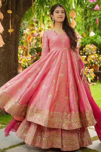 Pink festive wear designer heavy crunchy silk heavy embroidery sequence work readymade suit