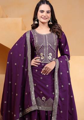 Purple festive wear designer natural crepe sequence embroidery work readymade suit 3