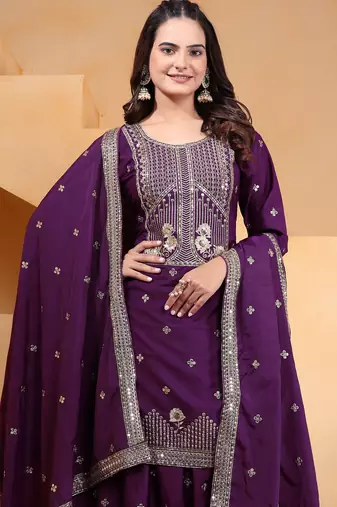 Purple festive wear designer natural crepe sequence embroidery work readymade suit