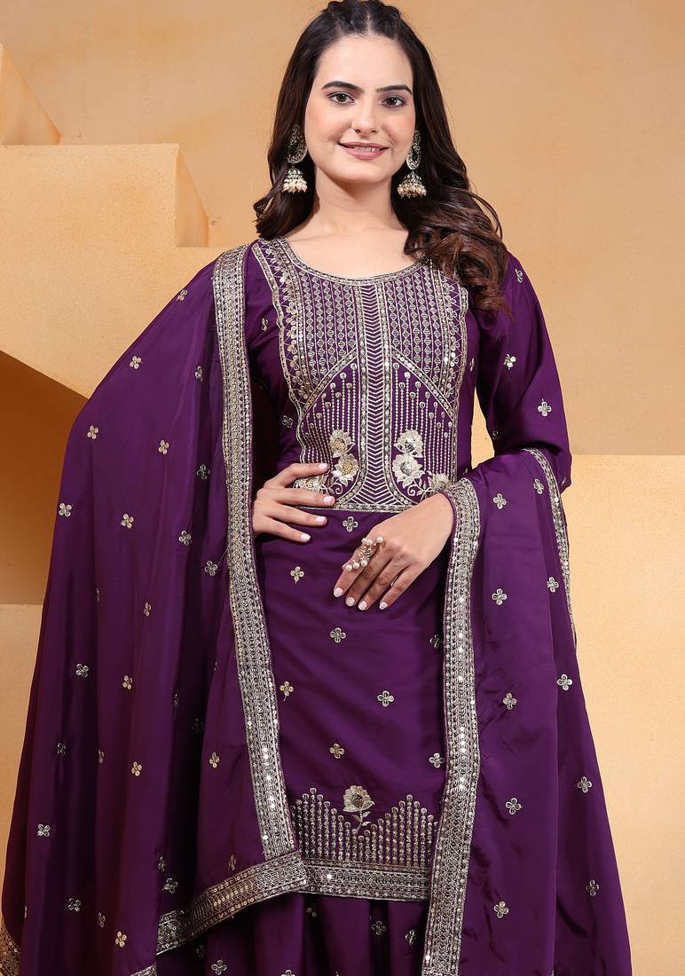 Purple festive wear designer natural crepe sequence embroidery work readymade suit