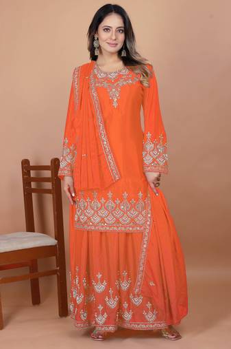 Orange festive wear designer chinon coding sequence embroidery work readymade suit