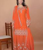 Orange festive wear designer chinon coding sequence embroidery work readymade suit