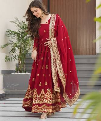 Maroon festive wear designer faux blooming georgette zari & sequins embroidered work readymade suit 1