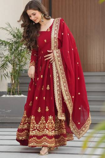 Maroon festive wear designer faux blooming georgette zari & sequins embroidered work readymade suit