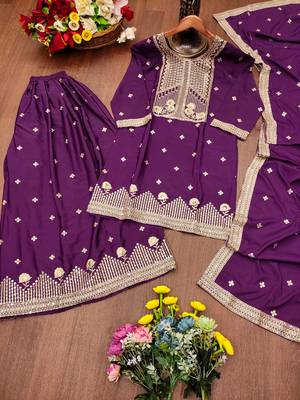 Purple festive wear designer natural crepe sequence embroidery work readymade suit 4