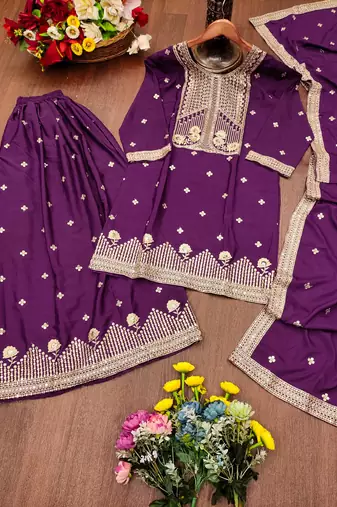 Purple festive wear designer natural crepe sequence embroidery work readymade suit